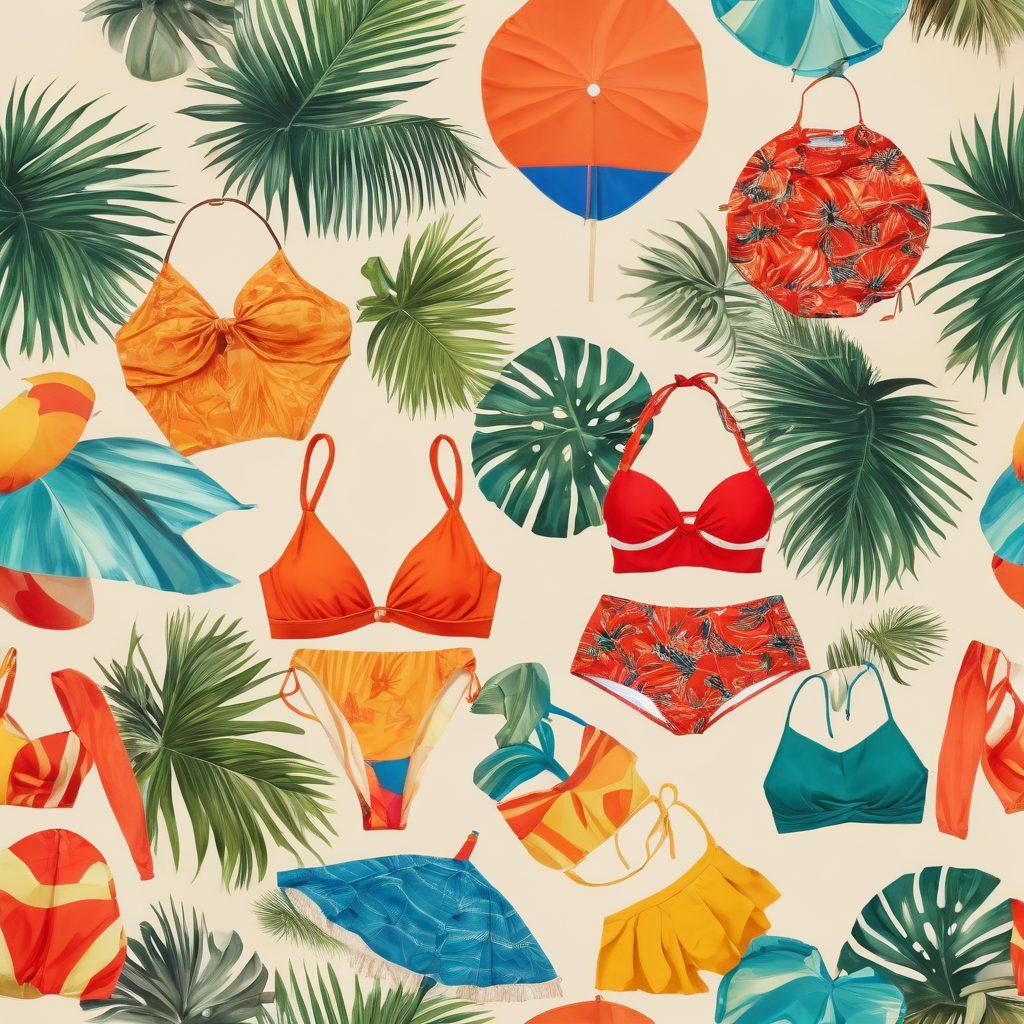 A vibrant collage of beachwear featuring classic cuts like halter tops and high-waisted bikinis, alongside bold printed swimsuits with tropical patterns. Include sunlit sandy beaches in the background, with silhouettes of palm trees and colorful beach umbrellas. Add playful elements like surfboards and beach balls to enhance the lively atmosphere. super-realistic. vibrant colors. beach setting.